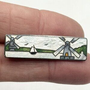 Vintage F A Hermann Signed Boat Sterling Silver Guilloche Enamel Brooch Windmill